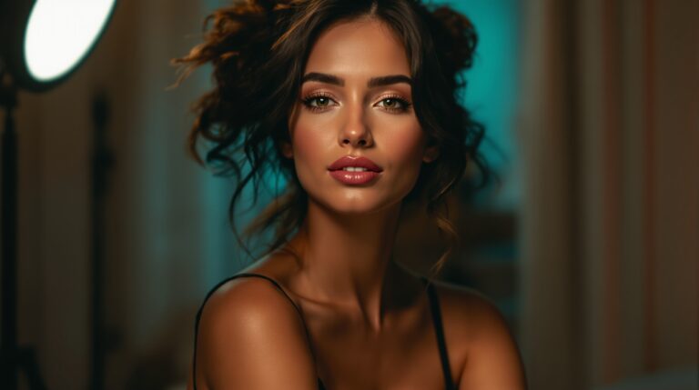 Photorealistic beauty portrait paired with a modern adult landing page concept for high-converting signup funnels