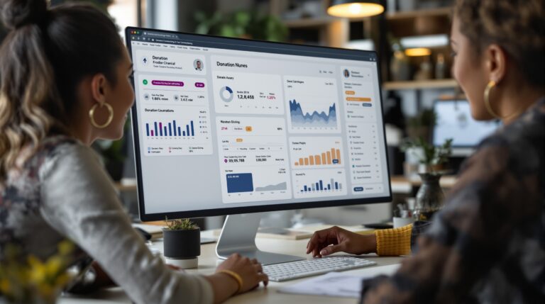 Nonprofit fundraiser reviewing a donation dashboard with campaign progress and recurring giving metrics